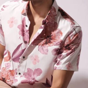 White Floral Print Shirt with Spread Collar