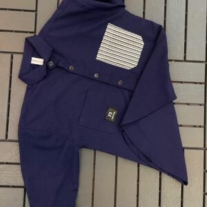 IMPORTED CRUSH FABRIC DOWNSHOULDER 3/4 SLEEV NAVY BLUE SHIRT